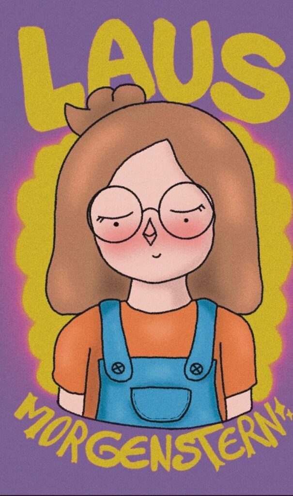 Autorretrato ilustrado con el nombre Laus Morgenstern rotulado a mano