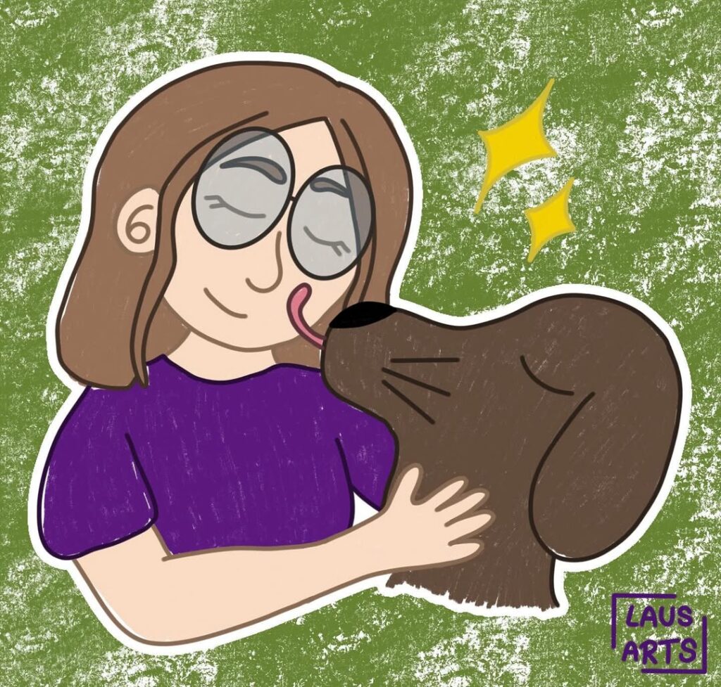 Autorretrato de Laus Morgenstern ilustrado en estilo pegatina abrazando a un perro